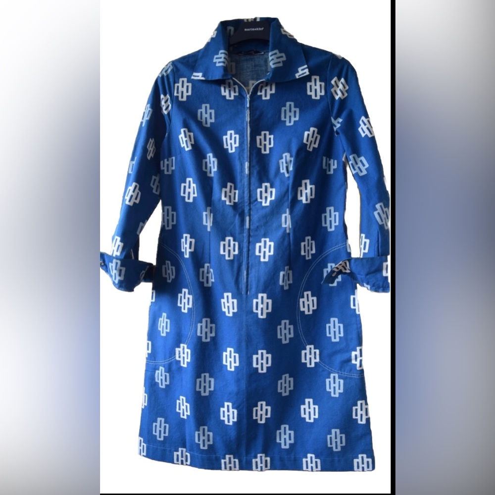 Marimekko Vintage Blue Geometric Pattern Cotton Long Sleeve Zip Up Mini Dress XS
